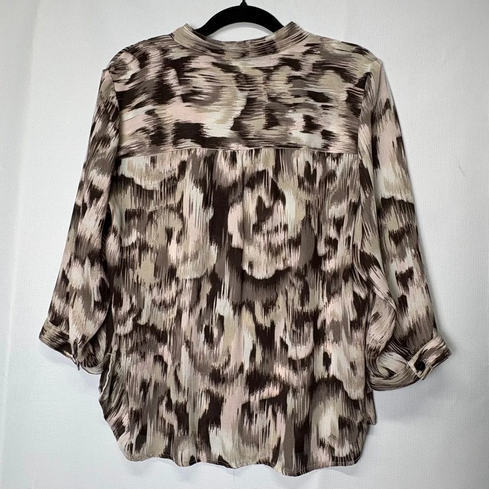 Chico's Womens Brown Abstract Print 3/4 Sleeve‎ Sheer Button Down Blouse Size 2